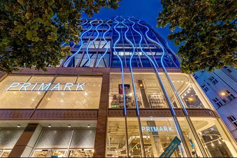 Close-up on exterior of Primark store on Wenceslas Square, Prague, showing fascia
